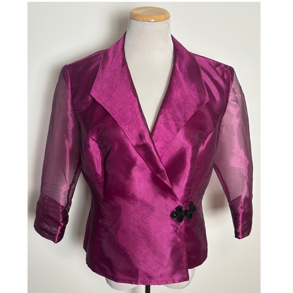Alex Evenings Dressy Evening Jacket L Petite Sheer Shimmer Sleeve Frog Closure